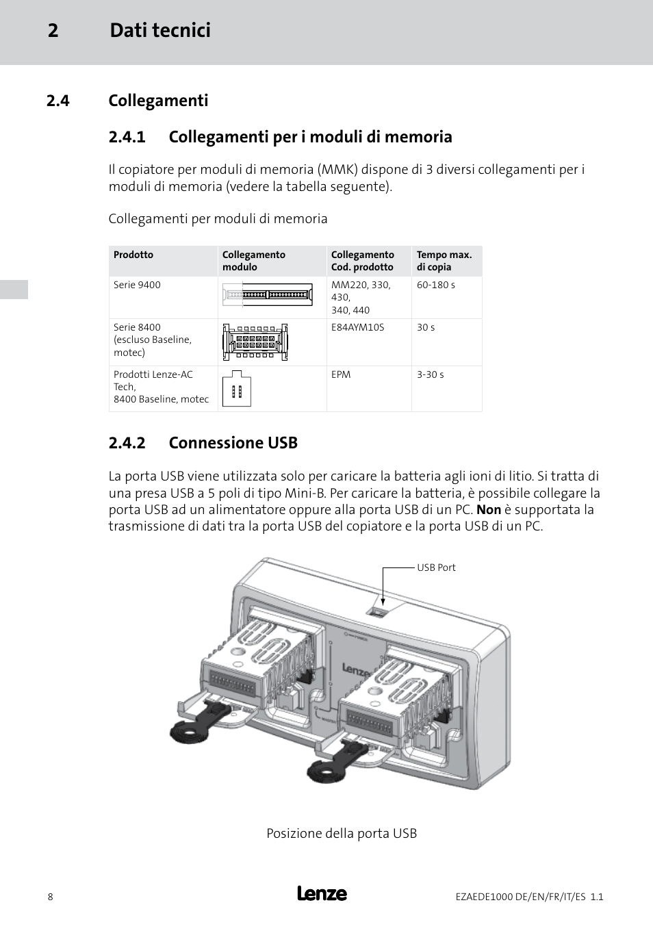 2dati tecnici, 2 connessione usb | Lenze EZAEDE1000 User Manual | Page 50 / 76