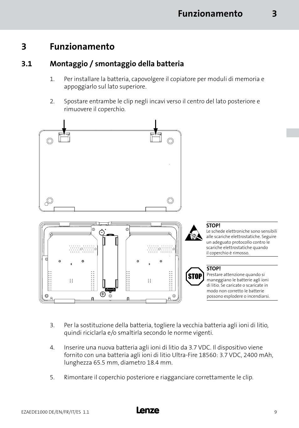 Funzionamento 3 3 funzionamento, 1 montaggio / smontaggio della batteria | Lenze EZAEDE1000 User Manual | Page 51 / 76