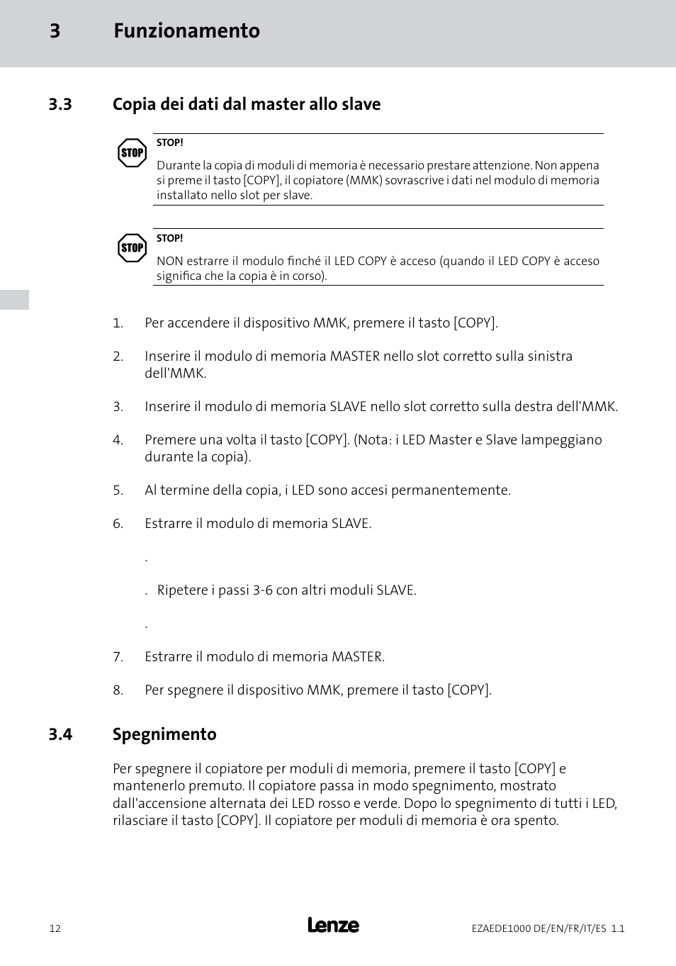 3funzionamento, 3 copia dei dati dal master allo slave, 4 spegnimento | Lenze EZAEDE1000 User Manual | Page 54 / 76