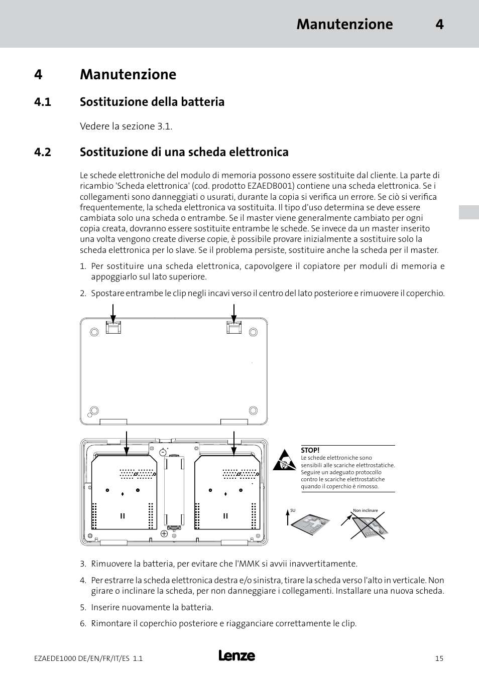 Manutenzione 4 4 manutenzione, 1 sostituzione della batteria, 2 sostituzione di una scheda elettronica | Lenze EZAEDE1000 User Manual | Page 57 / 76