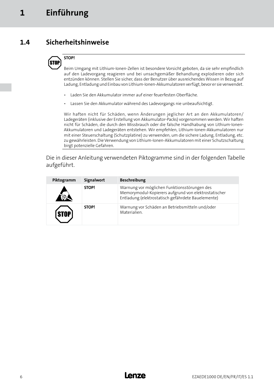 1einführung, 4 sicherheitshinweise | Lenze EZAEDE1000 User Manual | Page 6 / 76