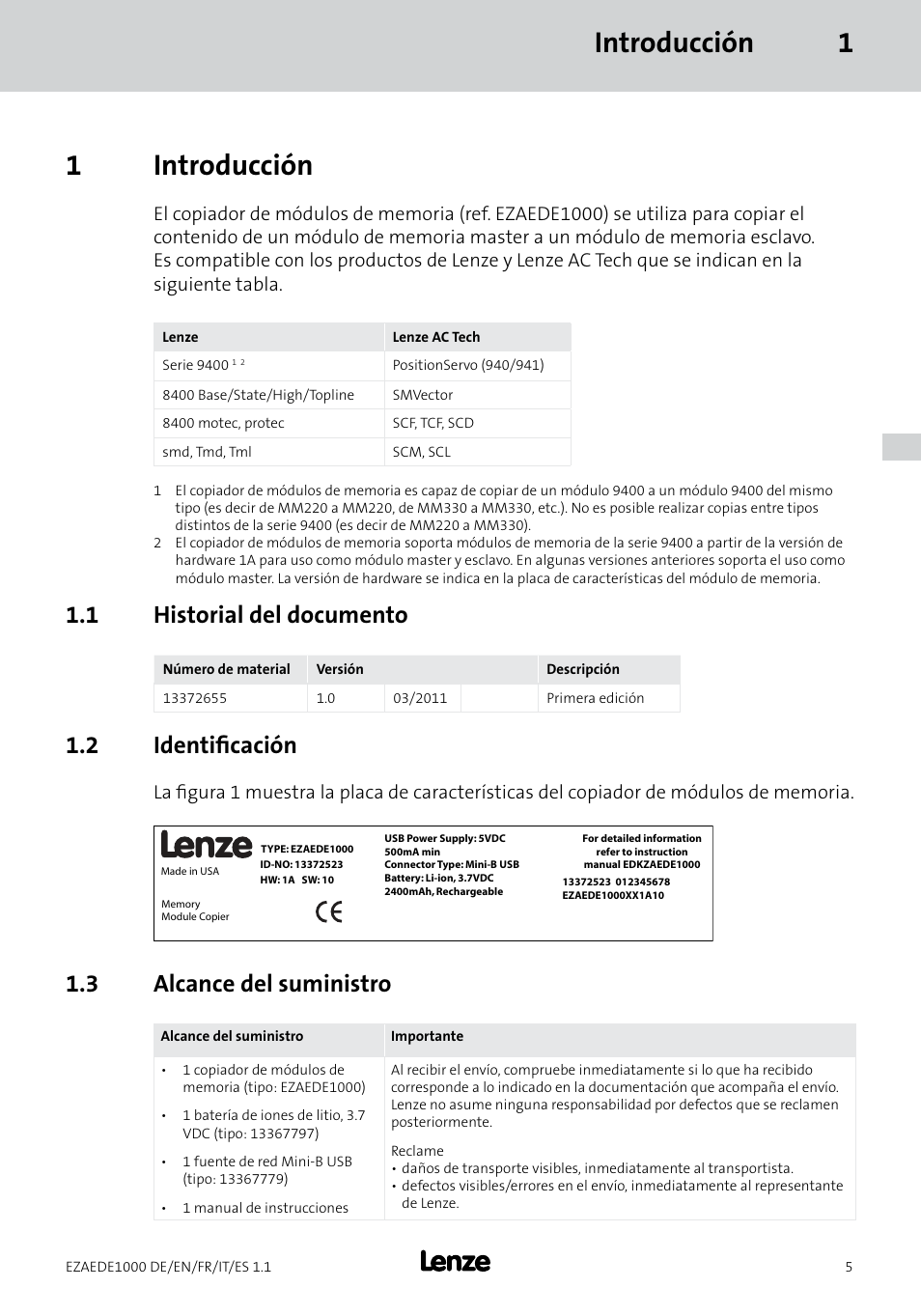 Introducción 1 1 introducción, 1 historial del documento, 2 identificación | 3 alcance del suministro | Lenze EZAEDE1000 User Manual | Page 61 / 76