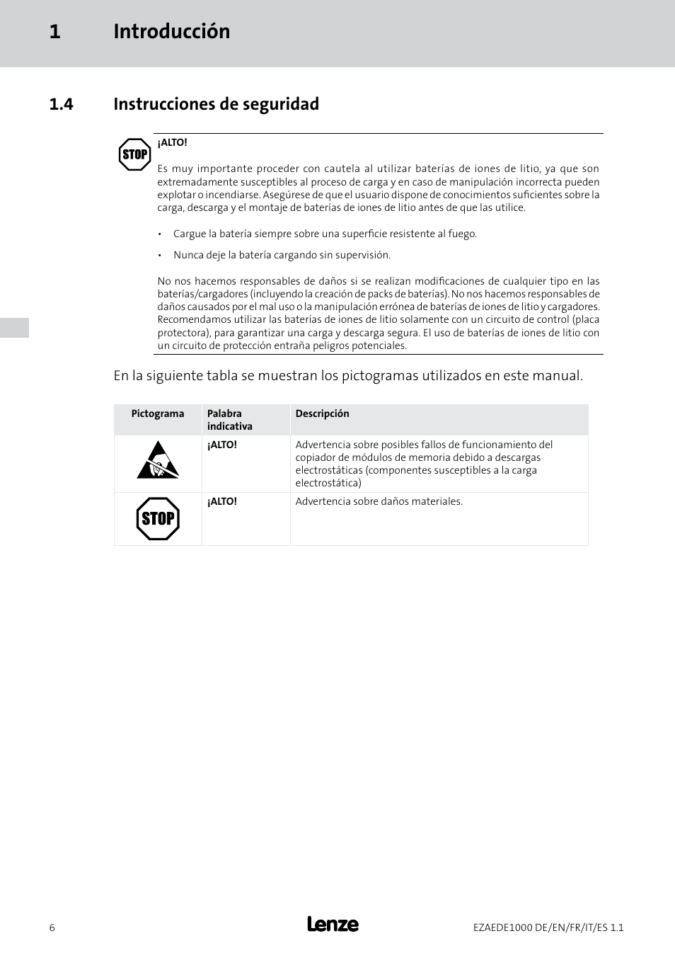 1introducción, 4 instrucciones de seguridad | Lenze EZAEDE1000 User Manual | Page 62 / 76