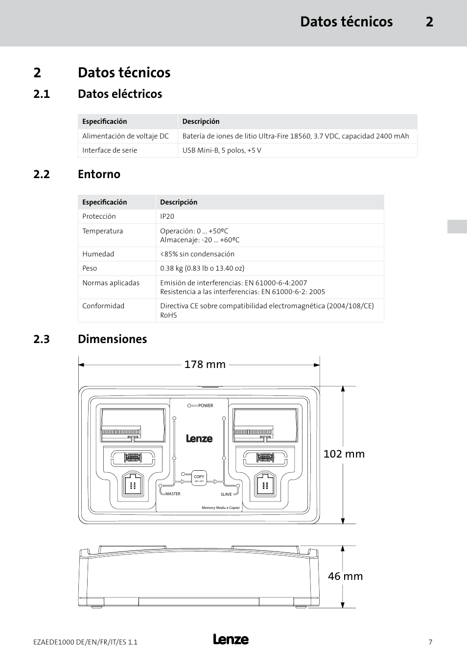 Datos técnicos 2 2 datos técnicos, 1 datos eléctricos, 2 entorno | 3 dimensiones | Lenze EZAEDE1000 User Manual | Page 63 / 76