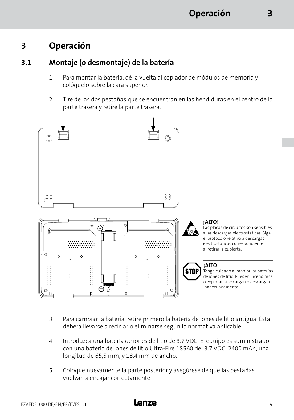 Operación 3 3 operación, 1 montaje (o desmontaje) de la batería | Lenze EZAEDE1000 User Manual | Page 65 / 76