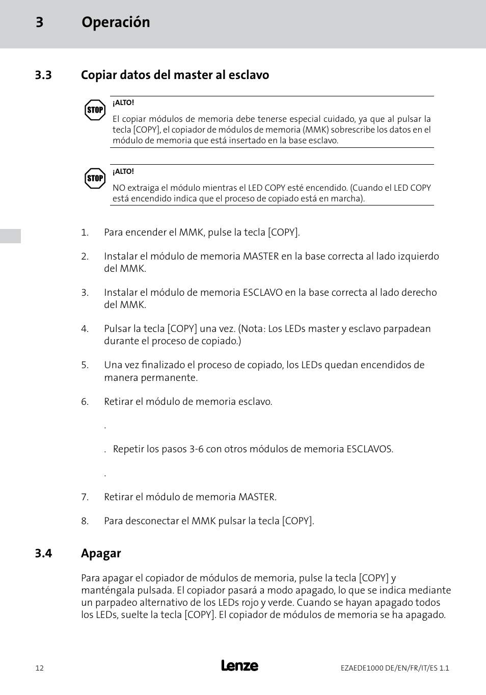 3operación, 3 copiar datos del master al esclavo, 4 apagar | Lenze EZAEDE1000 User Manual | Page 68 / 76