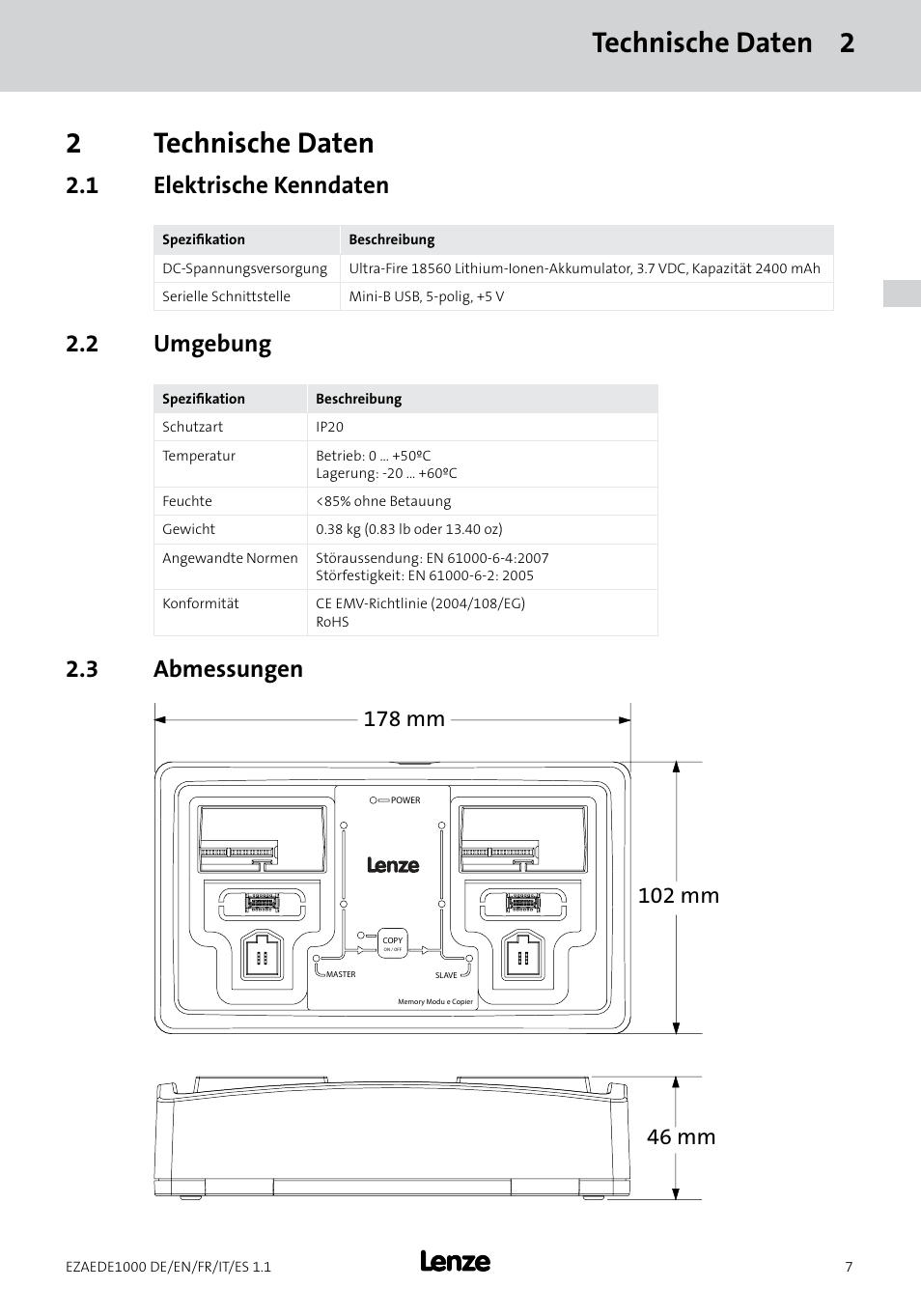 Technische daten 2 2 technische daten, 1 elektrische kenndaten, 2 umgebung | 3 abmessungen | Lenze EZAEDE1000 User Manual | Page 7 / 76