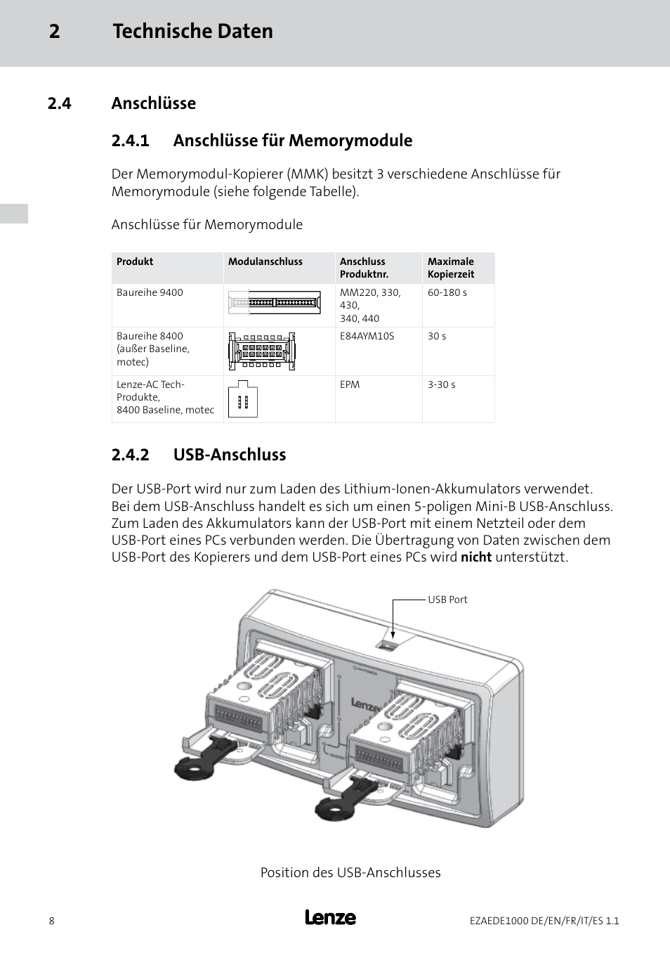 2technische daten, 2 usb-anschluss | Lenze EZAEDE1000 User Manual | Page 8 / 76