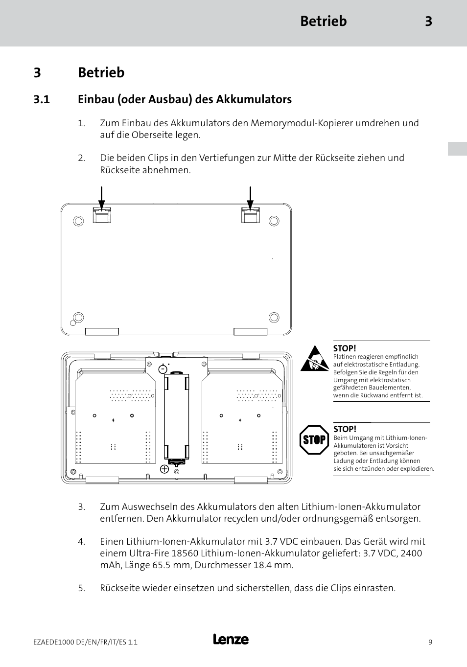 Betrieb 3 3 betrieb, 1 einbau (oder ausbau) des akkumulators | Lenze EZAEDE1000 User Manual | Page 9 / 76