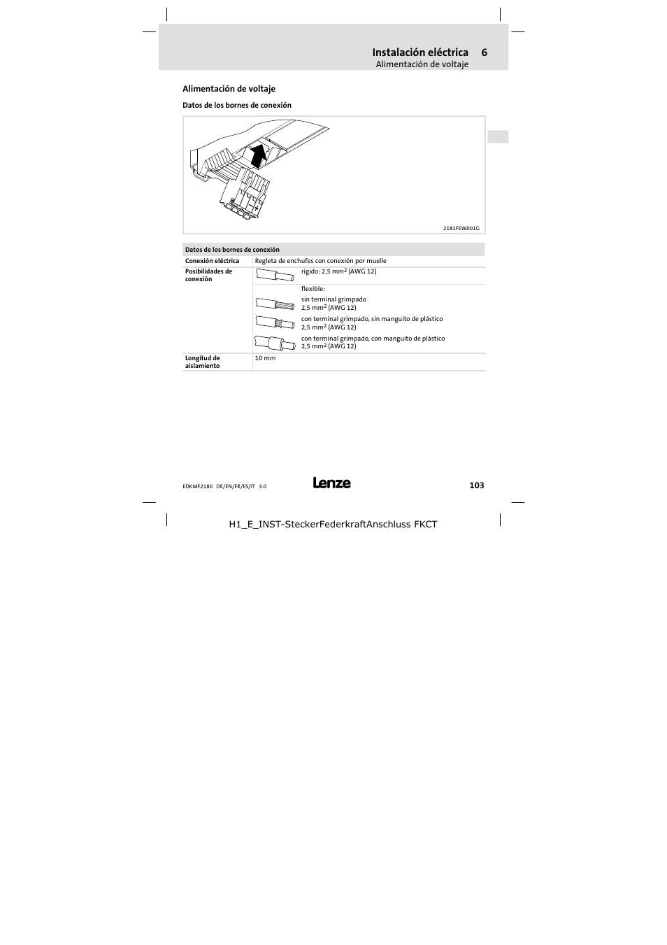 Alimentación de voltaje, Instalación eléctrica | Lenze EMF2180IB EthernetCAN User Manual | Page 103 / 134