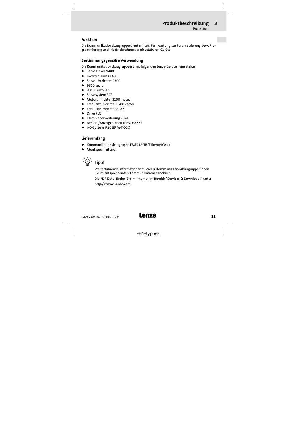 3 produktbeschreibung, Funktion, Bestimmungsgemäße verwendung | Lieferumfang, Produktbeschreibung | Lenze EMF2180IB EthernetCAN User Manual | Page 11 / 134