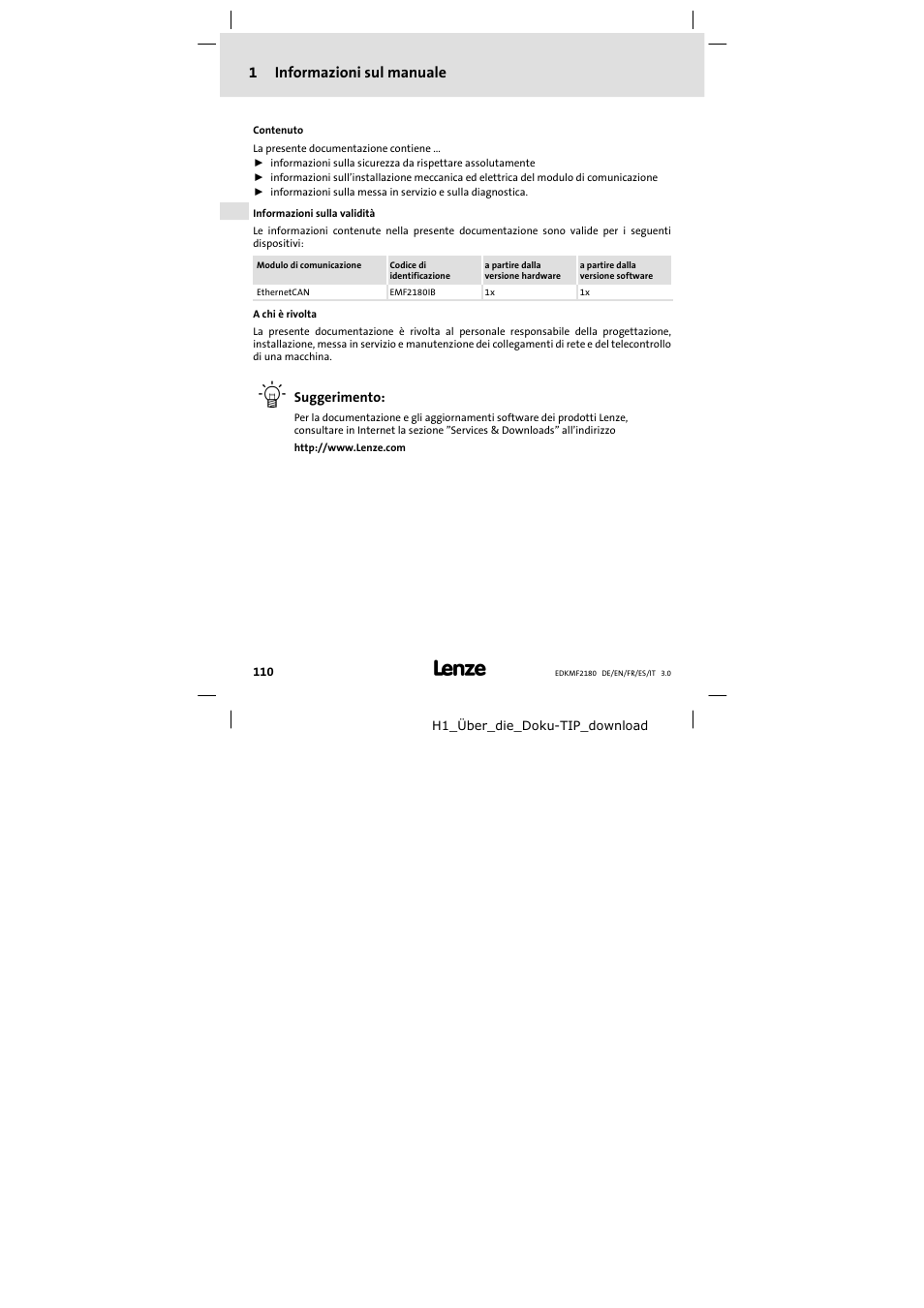 1 informazioni sul manuale, Informazioni sul manuale, 1informazioni sul manuale | Lenze EMF2180IB EthernetCAN User Manual | Page 110 / 134