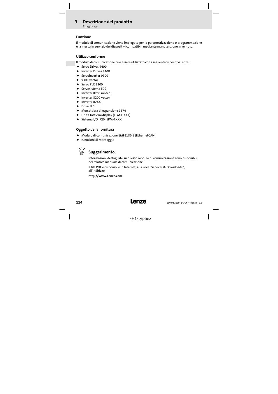 3 descrizione del prodotto, Funzione, Utilizzo conforme | Oggetto della fornitura, Descrizione del prodotto | Lenze EMF2180IB EthernetCAN User Manual | Page 114 / 134