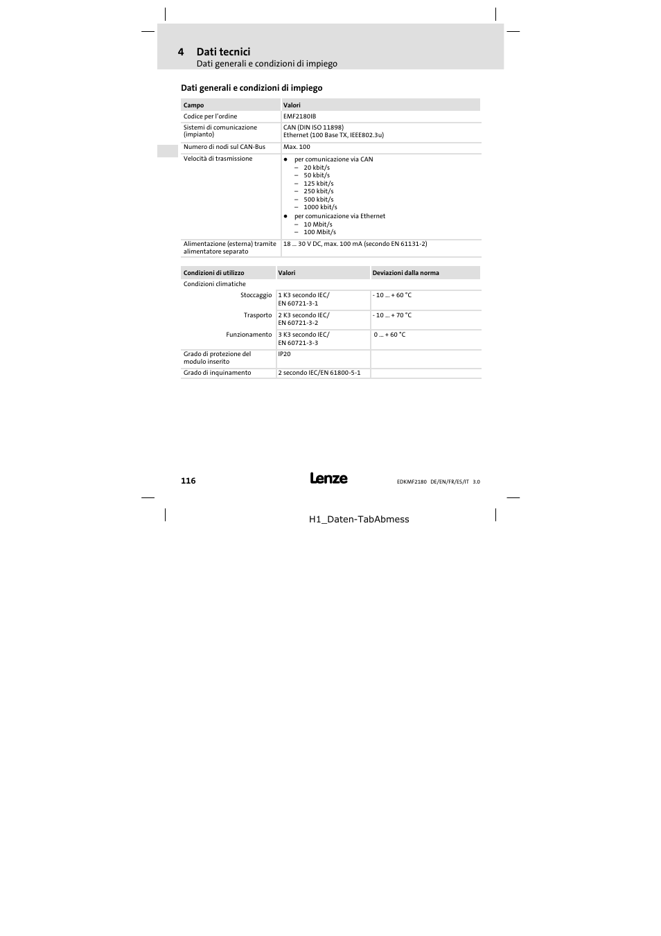 4 dati tecnici, Dati generali e condizioni di impiego, Dati tecnici | 4dati tecnici | Lenze EMF2180IB EthernetCAN User Manual | Page 116 / 134