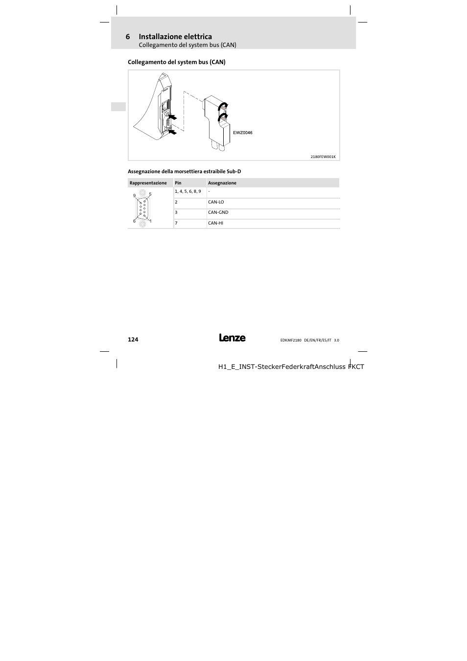 Collegamento del systembus ( can), Collegamento del system bus (can), 6installazione elettrica | Lenze EMF2180IB EthernetCAN User Manual | Page 124 / 134