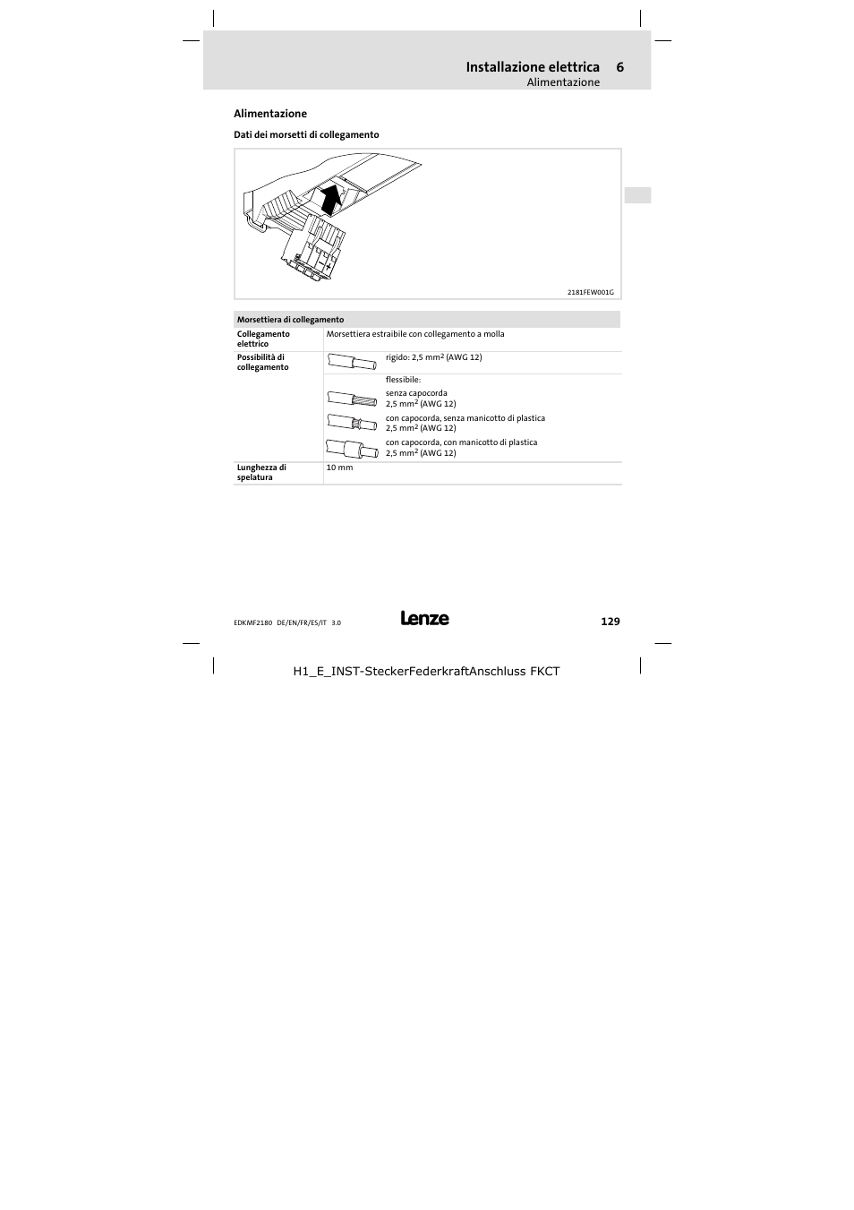 Alimentazione, Installazione elettrica | Lenze EMF2180IB EthernetCAN User Manual | Page 129 / 134