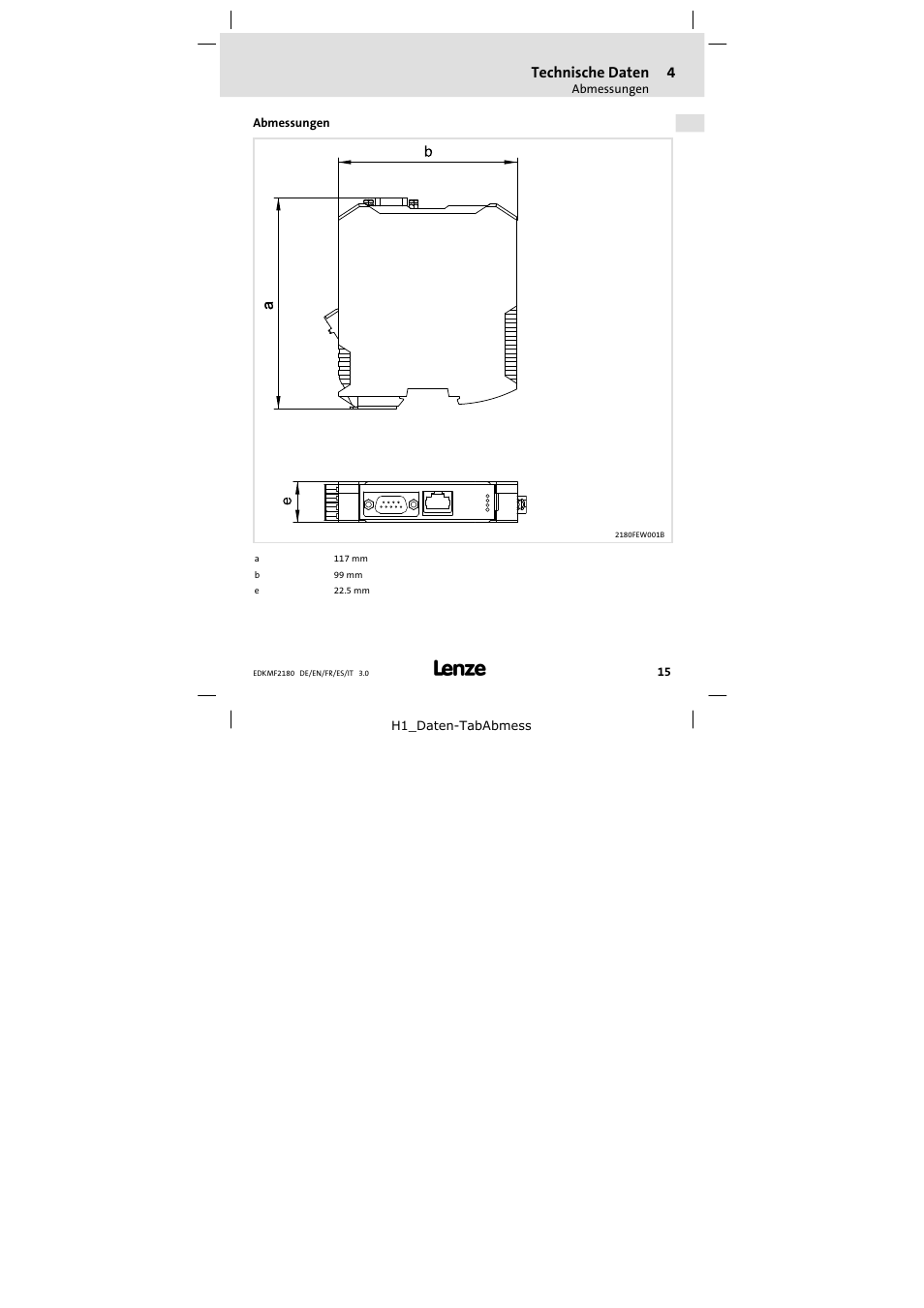 Abmessungen, Technische daten | Lenze EMF2180IB EthernetCAN User Manual | Page 15 / 134