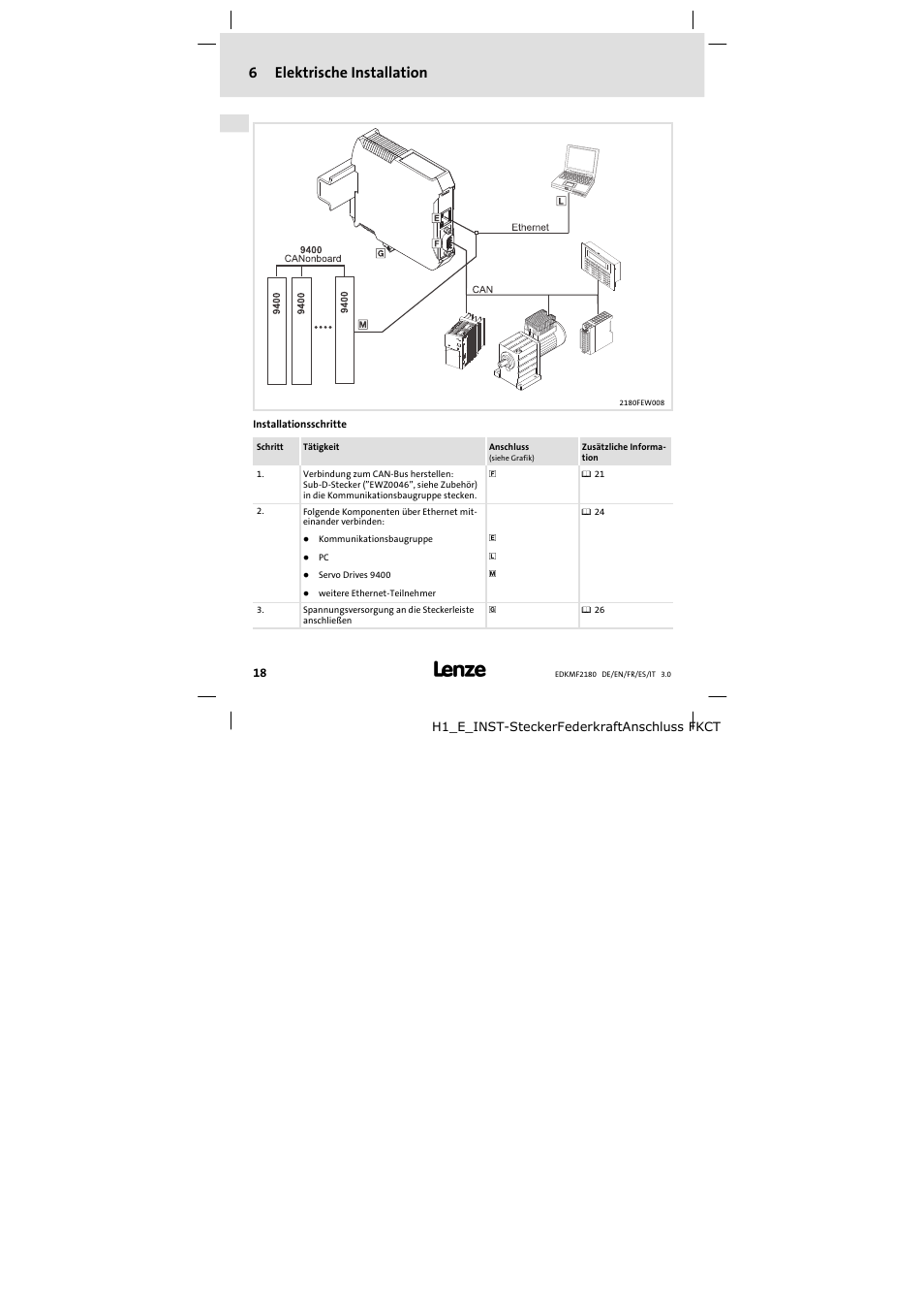 6 elektrische installation, Elektrische installation, 6elektrische installation | Lenze EMF2180IB EthernetCAN User Manual | Page 18 / 134