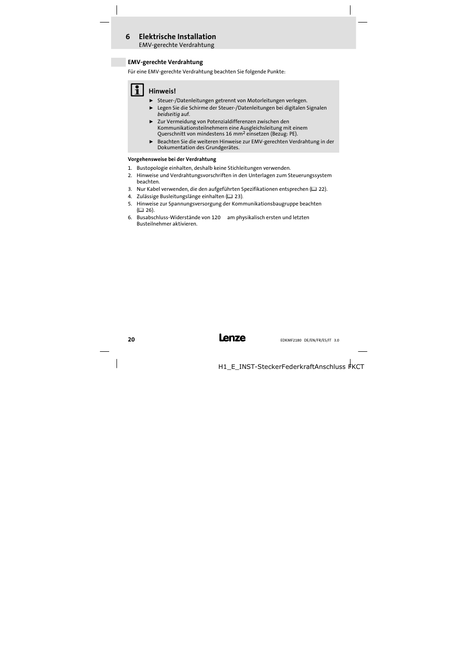 Emv-gerechte verdrahtung | Lenze EMF2180IB EthernetCAN User Manual | Page 20 / 134