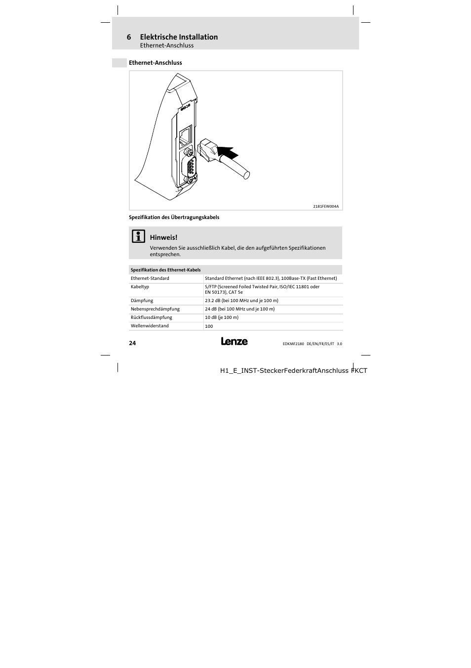 Ethernet-anschluss, 6elektrische installation | Lenze EMF2180IB EthernetCAN User Manual | Page 24 / 134