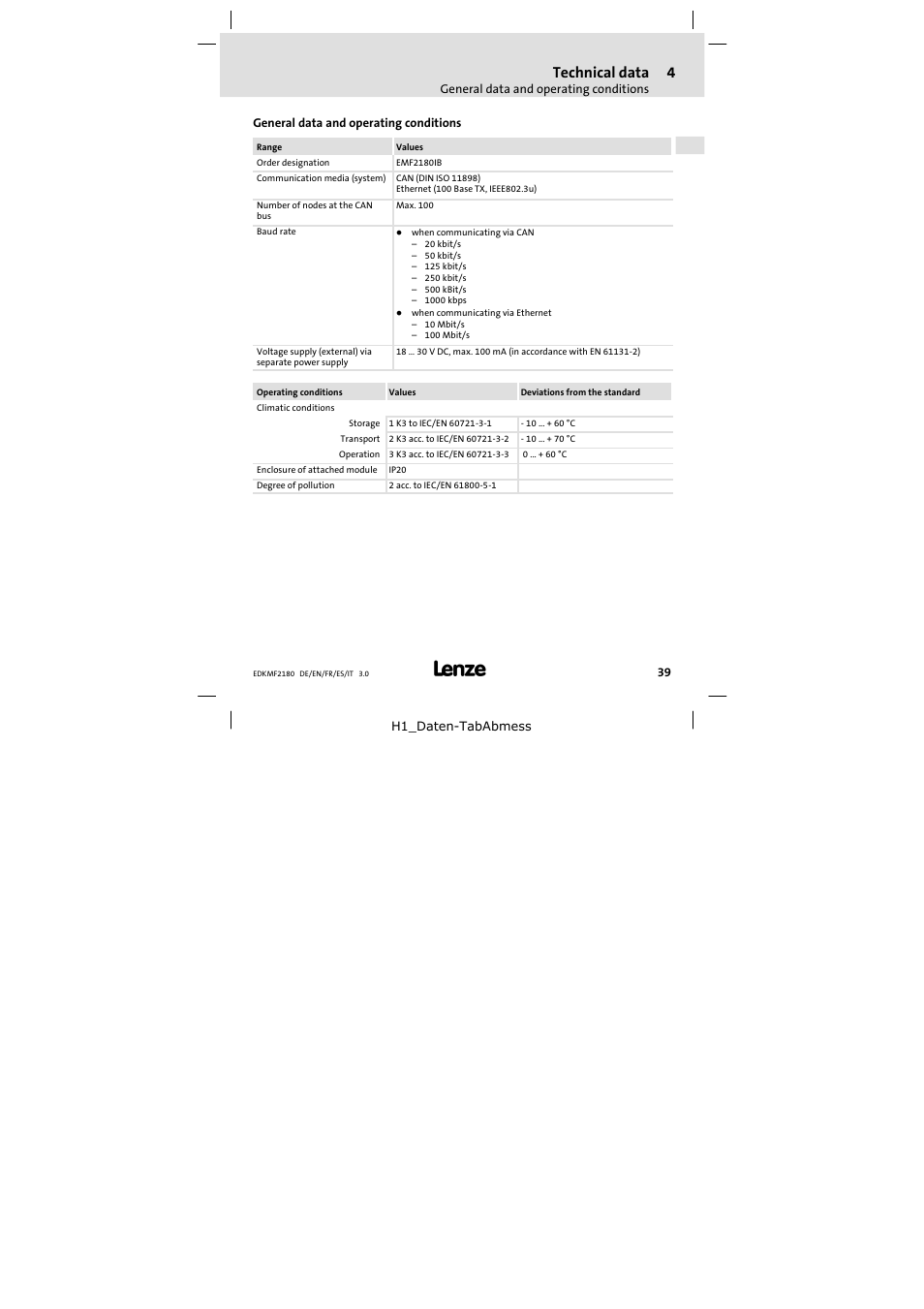 4 technical data, General data and operating conditions, Technical data | Lenze EMF2180IB EthernetCAN User Manual | Page 39 / 134