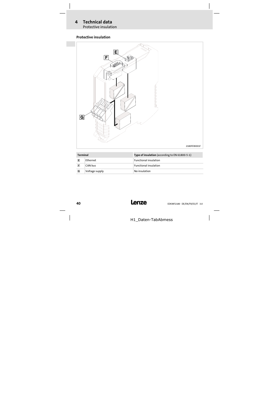 Protective insulation, 4technical data | Lenze EMF2180IB EthernetCAN User Manual | Page 40 / 134