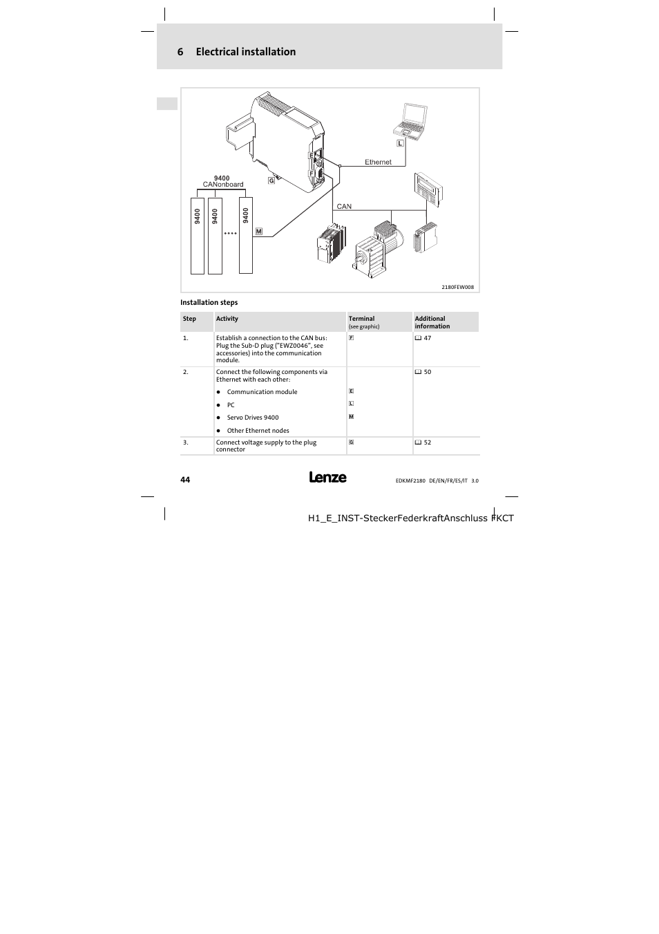 6 electrical installation, Electrical installation, 6electrical installation | Lenze EMF2180IB EthernetCAN User Manual | Page 44 / 134