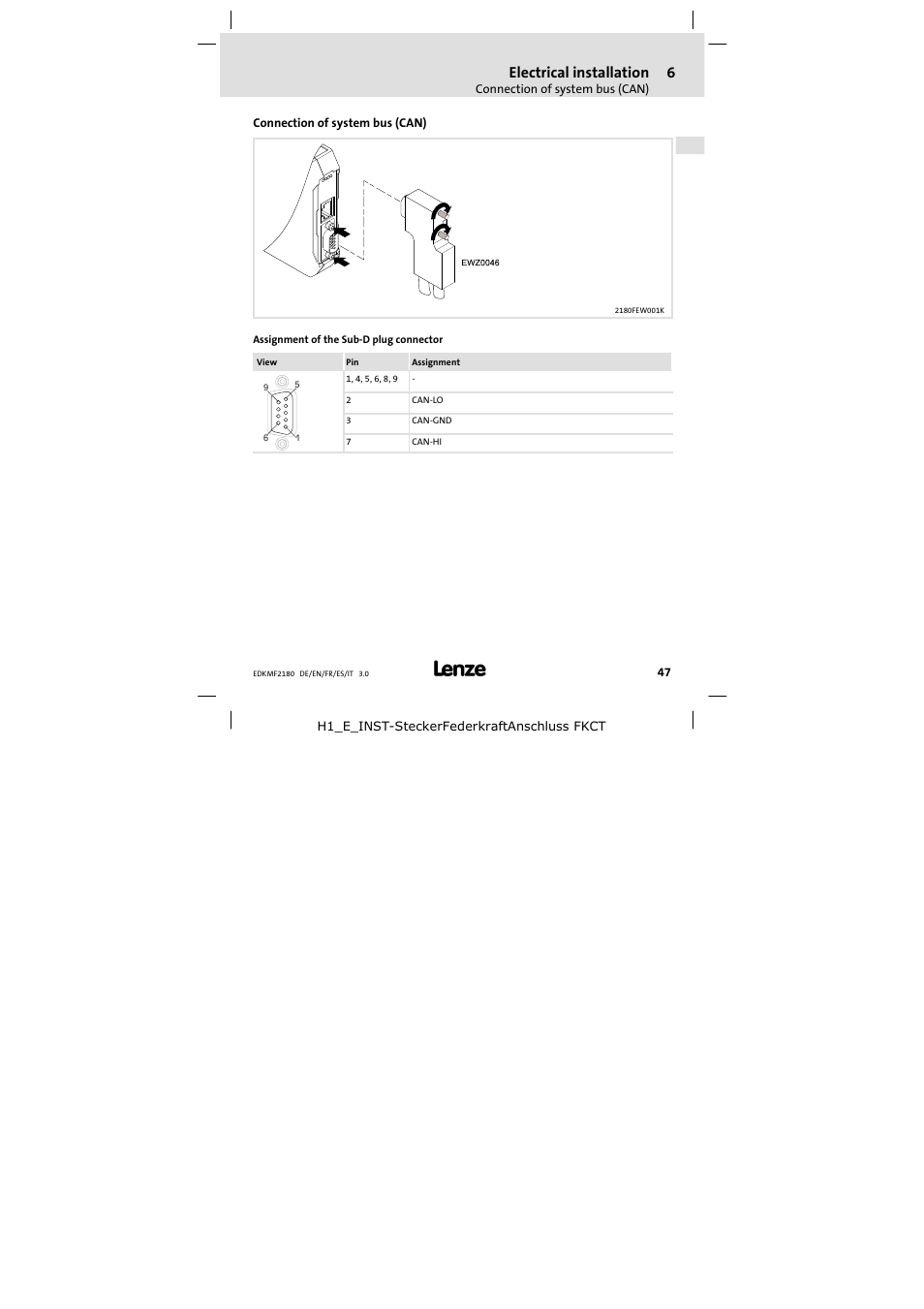 Connection of systembus ( can), Connection of system bus (can), Electrical installation | Lenze EMF2180IB EthernetCAN User Manual | Page 47 / 134