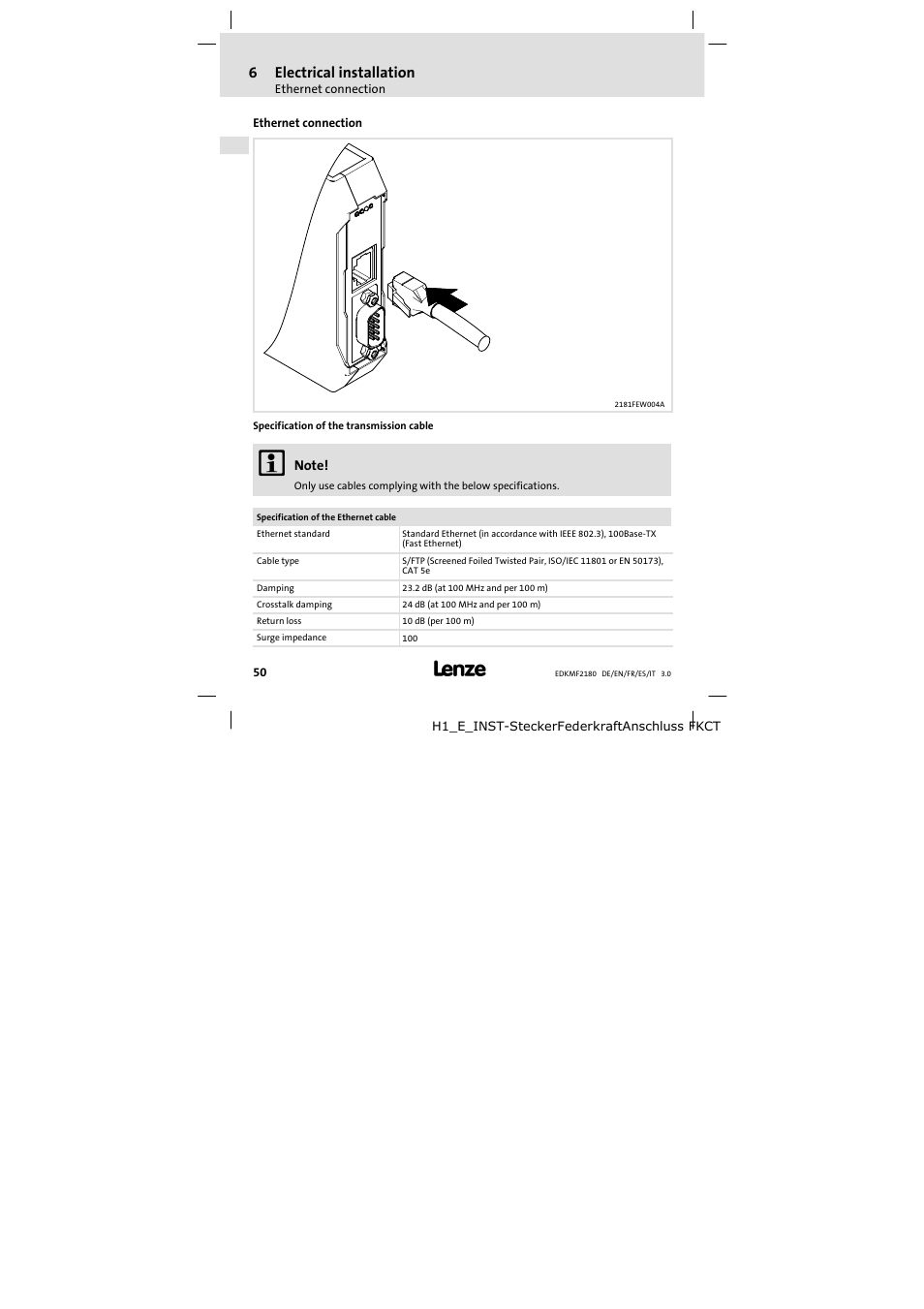 Ethernet connection, 6electrical installation | Lenze EMF2180IB EthernetCAN User Manual | Page 50 / 134