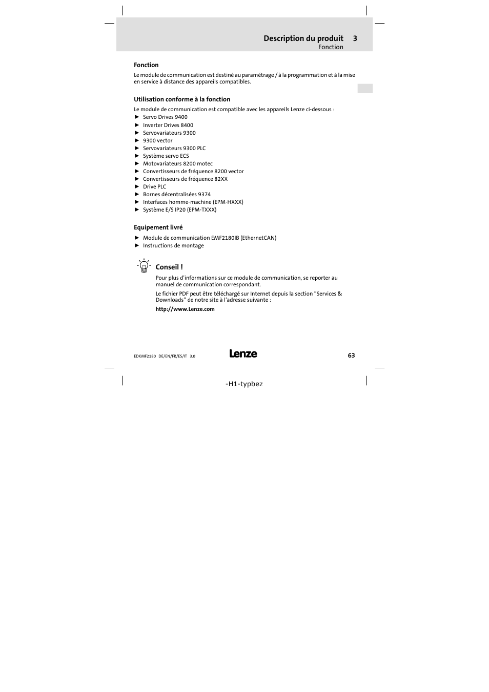3 description du produit, Fonction, Utilisation conforme à la fonction | Equipement livré, Description du produit | Lenze EMF2180IB EthernetCAN User Manual | Page 63 / 134