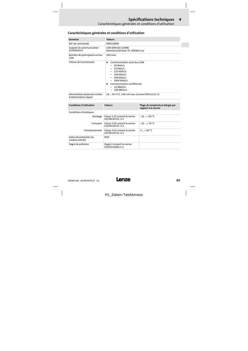 4 spécifications techniques, Spécifications techniques | Lenze EMF2180IB EthernetCAN User Manual | Page 65 / 134