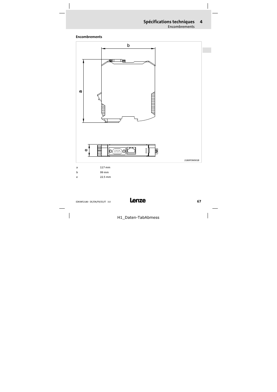 Encombrements, Spécifications techniques | Lenze EMF2180IB EthernetCAN User Manual | Page 67 / 134