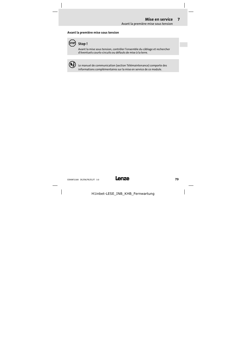 7 mise en service, Avant la premièremise sous tension, Mise en service | Avant la première mise sous tension | Lenze EMF2180IB EthernetCAN User Manual | Page 79 / 134