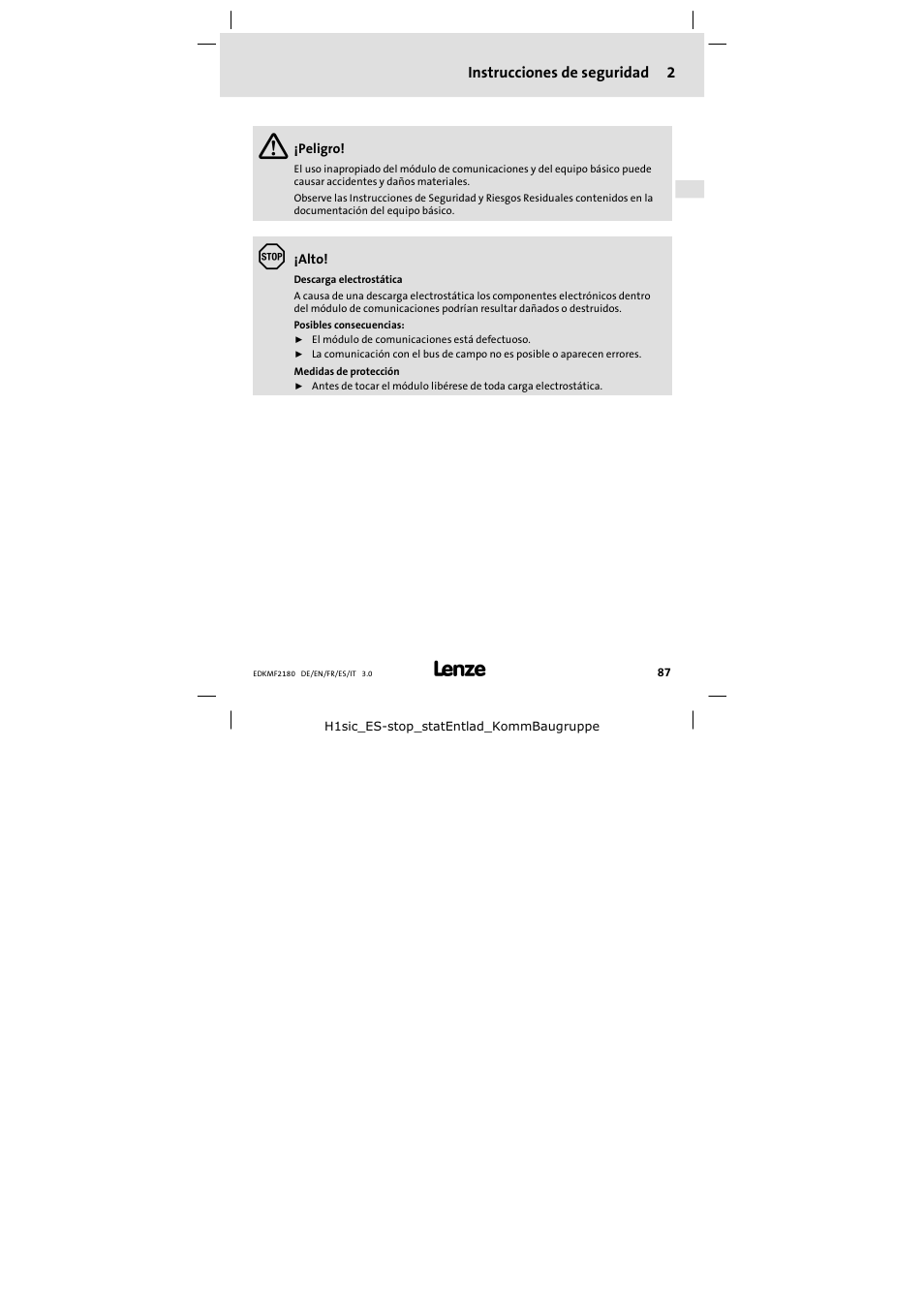2 instrucciones de seguridad, Instrucciones de seguridad | Lenze EMF2180IB EthernetCAN User Manual | Page 87 / 134