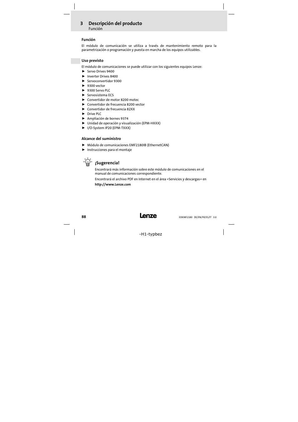 3 descripción del producto, Función, Uso previsto | Alcance del suministro, Descripción del producto | Lenze EMF2180IB EthernetCAN User Manual | Page 88 / 134