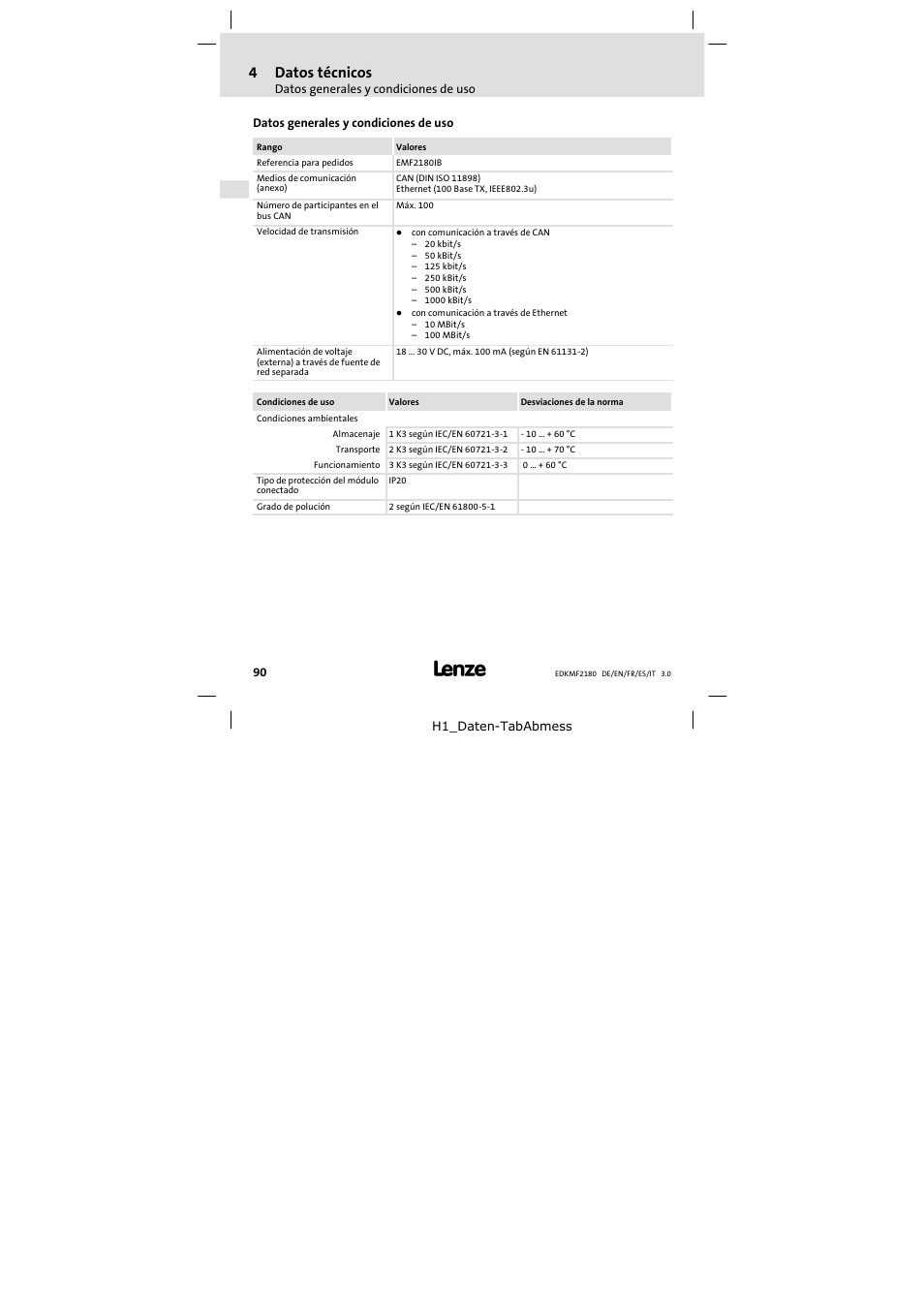 4 datos técnicos, Datos generales y condiciones de uso, Datos técnicos | 4datos técnicos | Lenze EMF2180IB EthernetCAN User Manual | Page 90 / 134