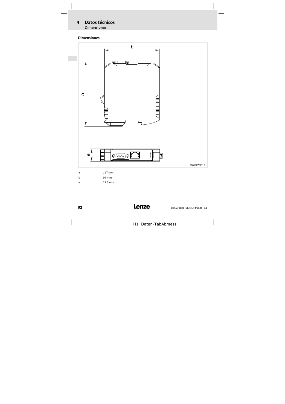 Dimensiones, 4datos técnicos | Lenze EMF2180IB EthernetCAN User Manual | Page 92 / 134