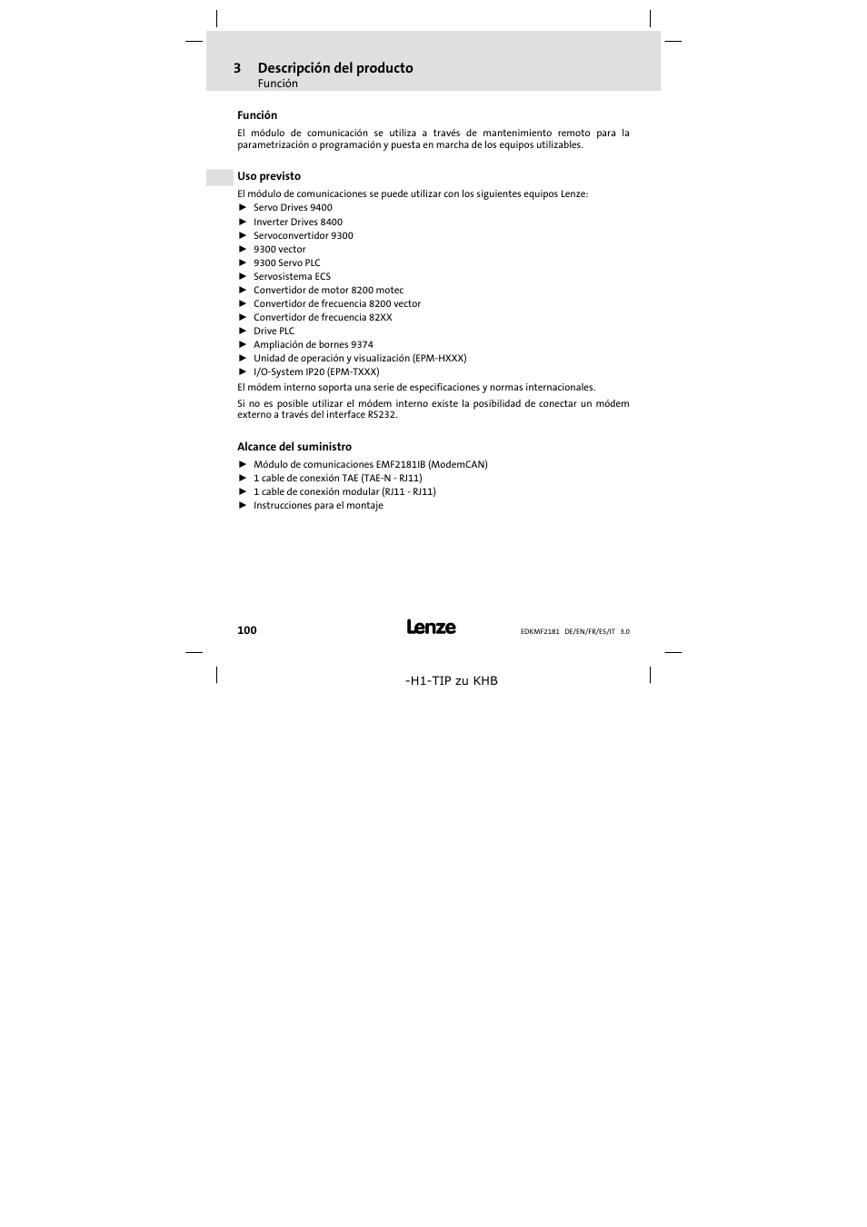 3 descripción del producto, Función, Uso previsto | Alcance del suministro, Descripción del producto, 3descripción del producto | Lenze EMF2181IB User Manual | Page 100 / 154