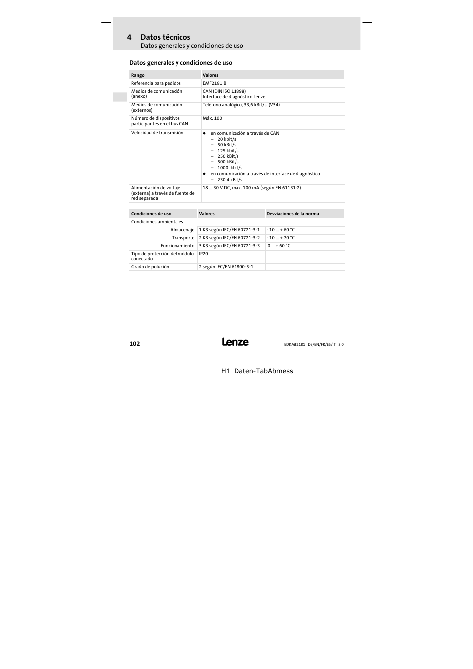 4 datos técnicos, Datos generales y condiciones de uso, Datos técnicos | 4datos técnicos | Lenze EMF2181IB User Manual | Page 102 / 154