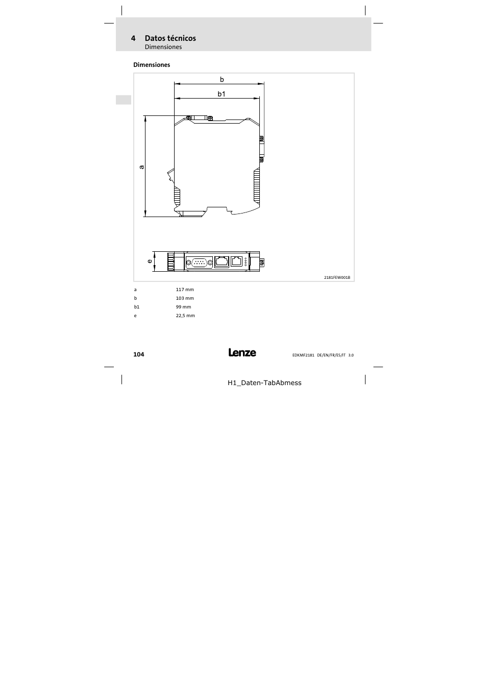 Dimensiones, 4datos técnicos | Lenze EMF2181IB User Manual | Page 104 / 154