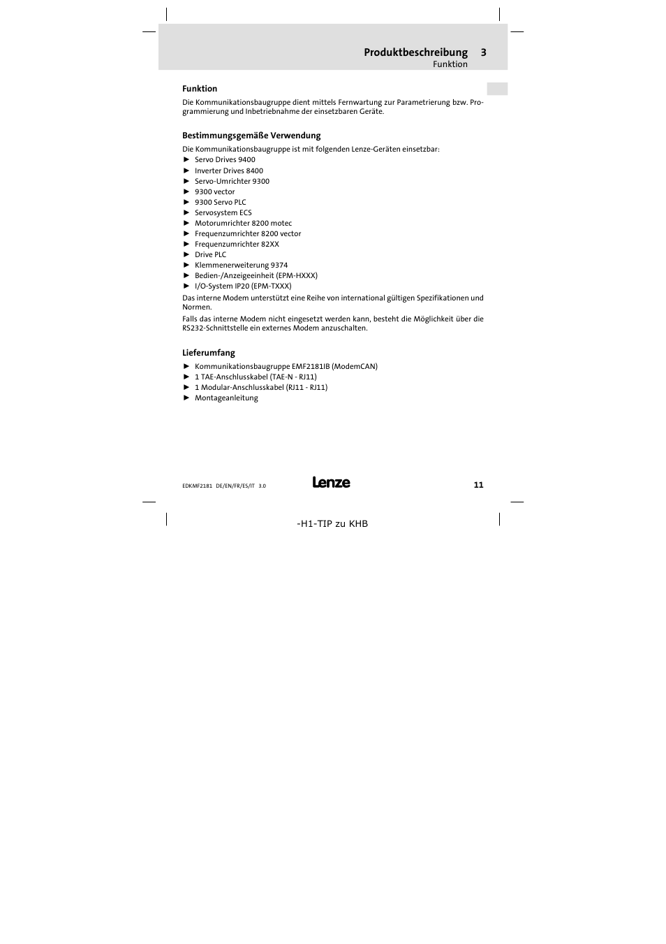 3 produktbeschreibung, Funktion, Bestimmungsgemäße verwendung | Lieferumfang, Produktbeschreibung | Lenze EMF2181IB User Manual | Page 11 / 154