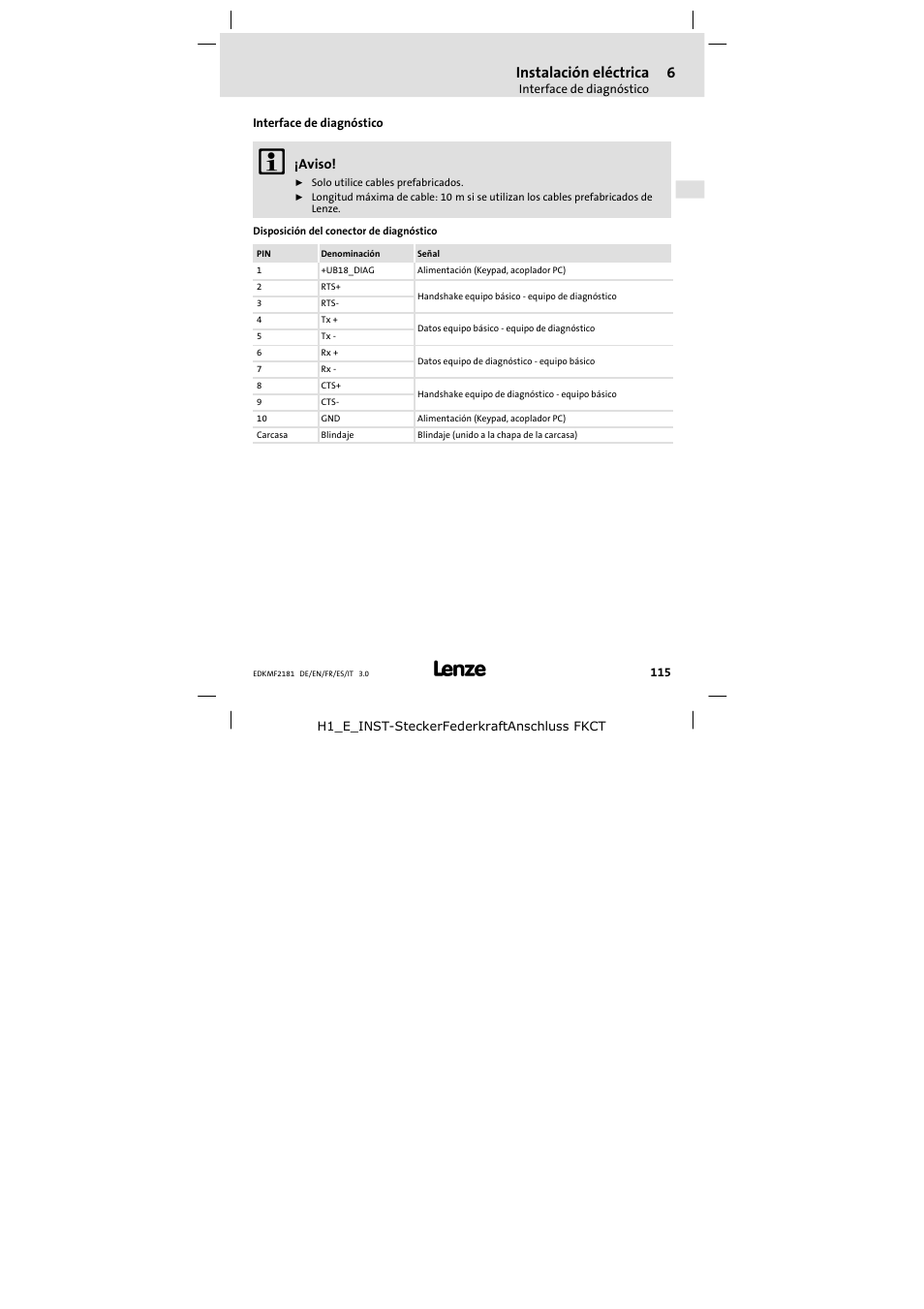 Interface de diagnóstico, Instalación eléctrica, Aviso | Lenze EMF2181IB User Manual | Page 115 / 154