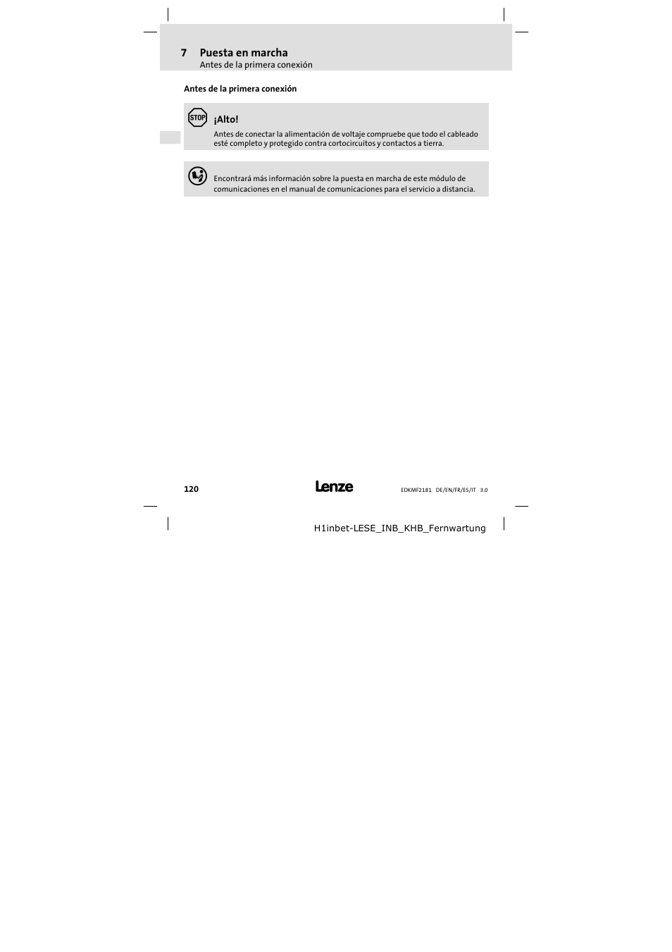 7 puesta en marcha, Antes de la primera conexión, Puesta en marcha | Lenze EMF2181IB User Manual | Page 120 / 154