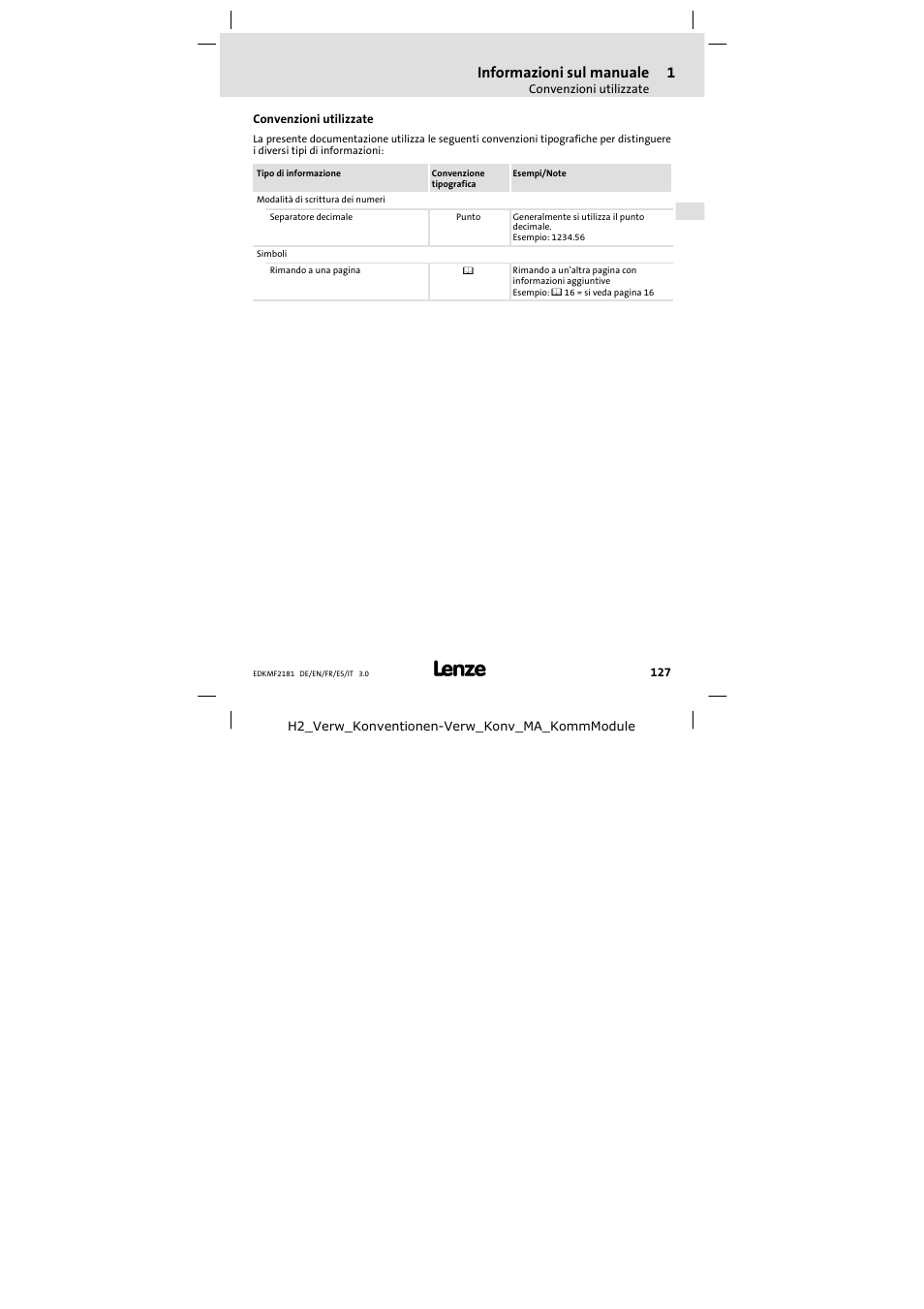 Convenzioni utilizzate, Informazioni sul manuale | Lenze EMF2181IB User Manual | Page 127 / 154