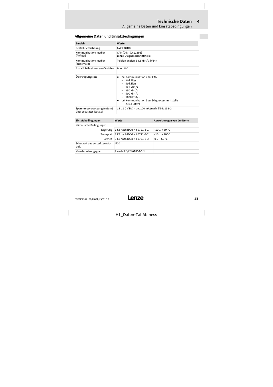 4 technische daten, Allgemeine daten und einsatzbedingungen, Technische daten | Lenze EMF2181IB User Manual | Page 13 / 154