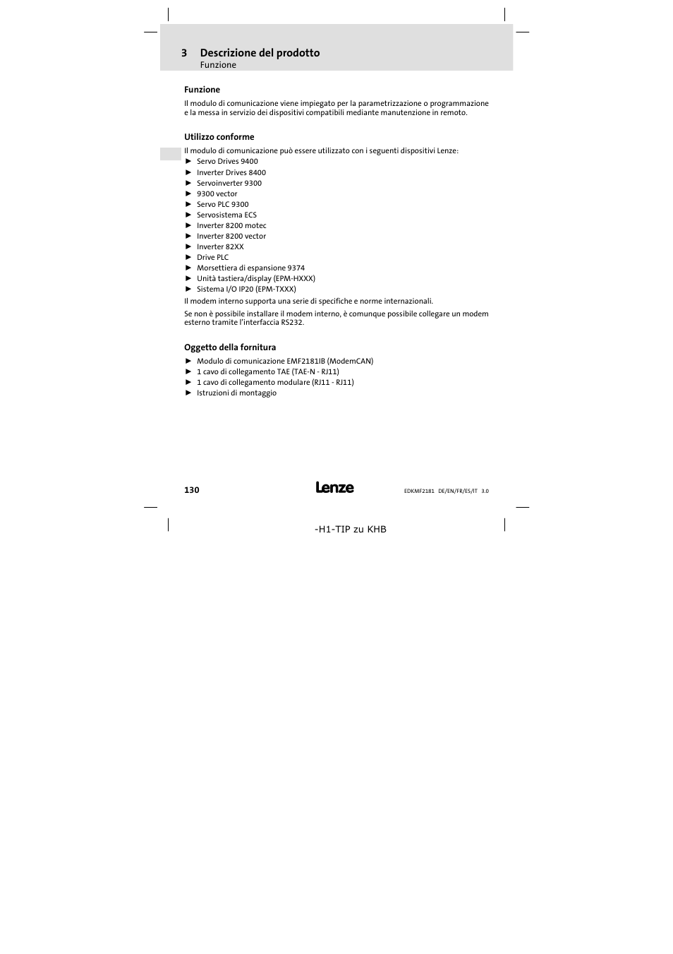 3 descrizione del prodotto, Funzione, Utilizzo conforme | Oggetto della fornitura, Descrizione del prodotto, 3descrizione del prodotto | Lenze EMF2181IB User Manual | Page 130 / 154