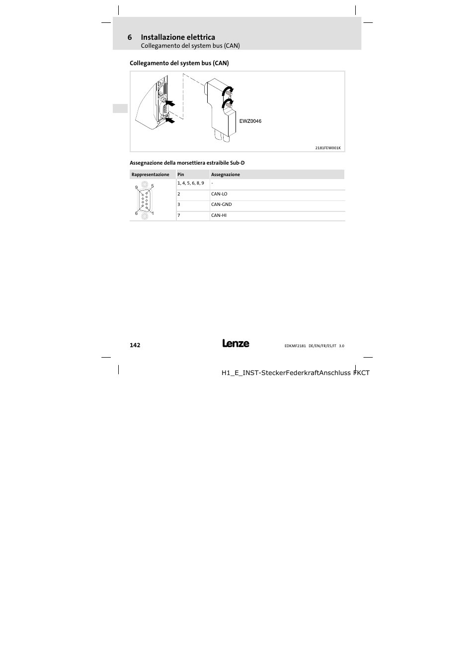 Collegamento del systembus ( can), Collegamento del system bus (can), 6installazione elettrica | Lenze EMF2181IB User Manual | Page 142 / 154
