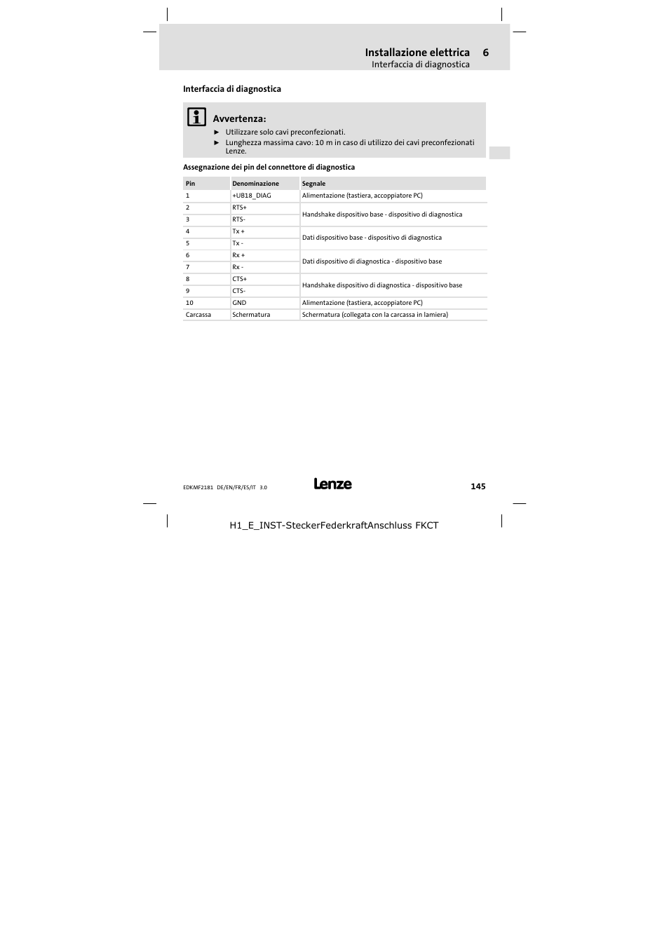 Interfaccia di diagnostica, Installazione elettrica, Avvertenza | Lenze EMF2181IB User Manual | Page 145 / 154