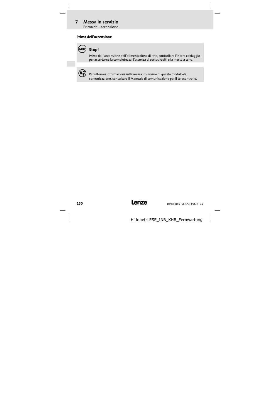 7 messa in servizio, Prima dell'accensione, Messa in servizio | Prima dell’accensione | Lenze EMF2181IB User Manual | Page 150 / 154
