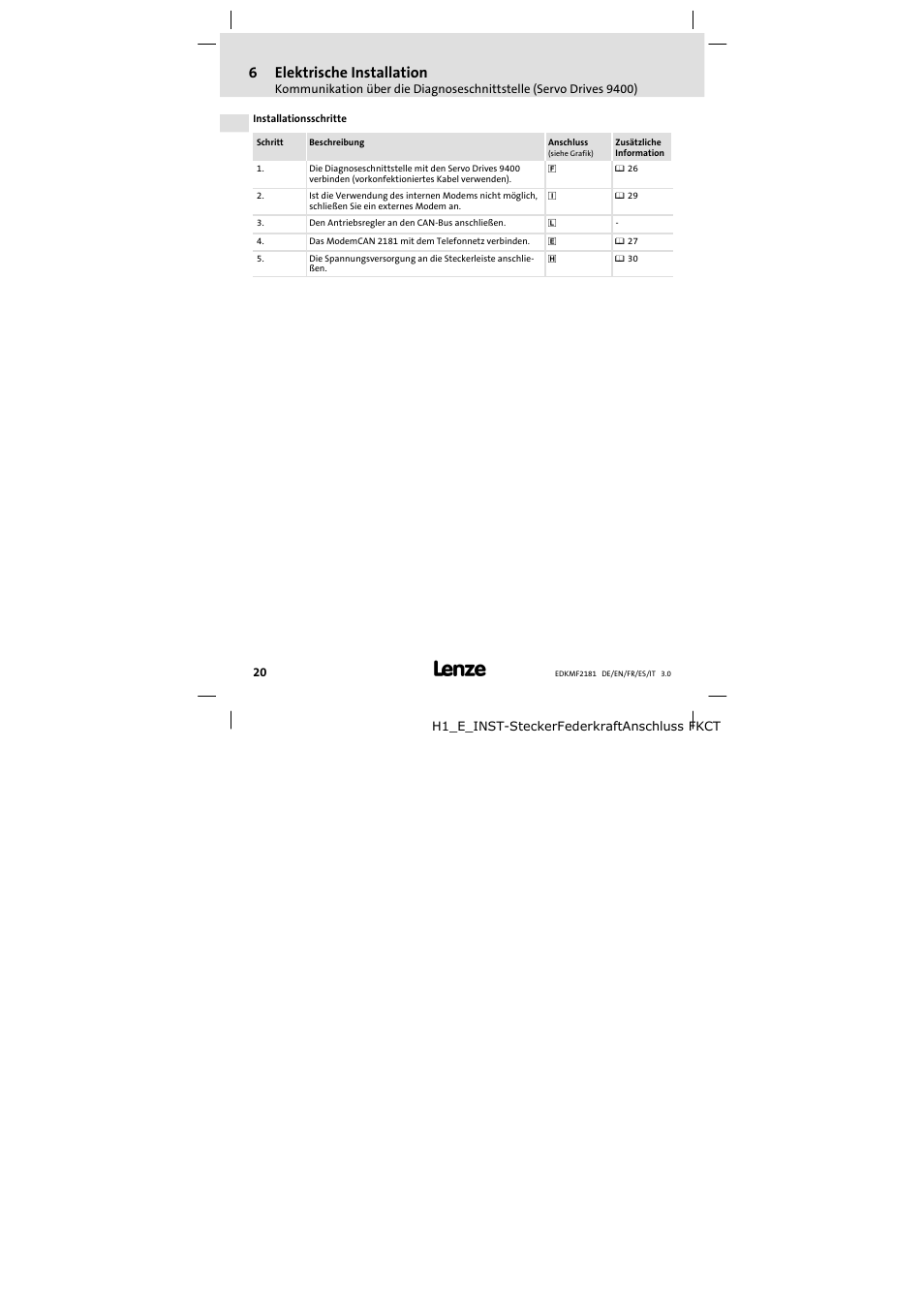 6elektrische installation | Lenze EMF2181IB User Manual | Page 20 / 154